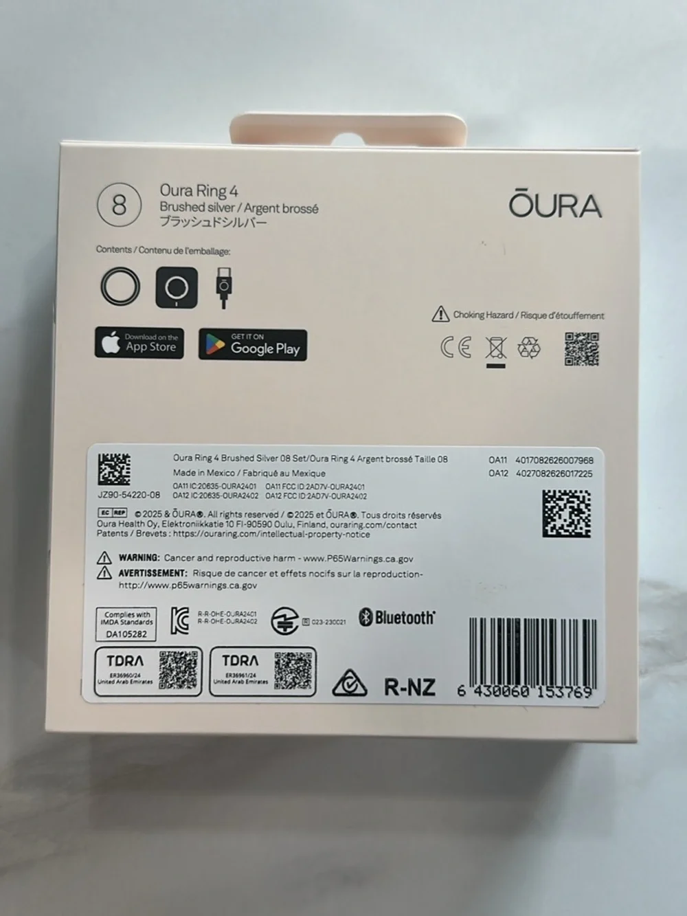Oura Ring 4 - Brushed Silver Smart Ring Size 8